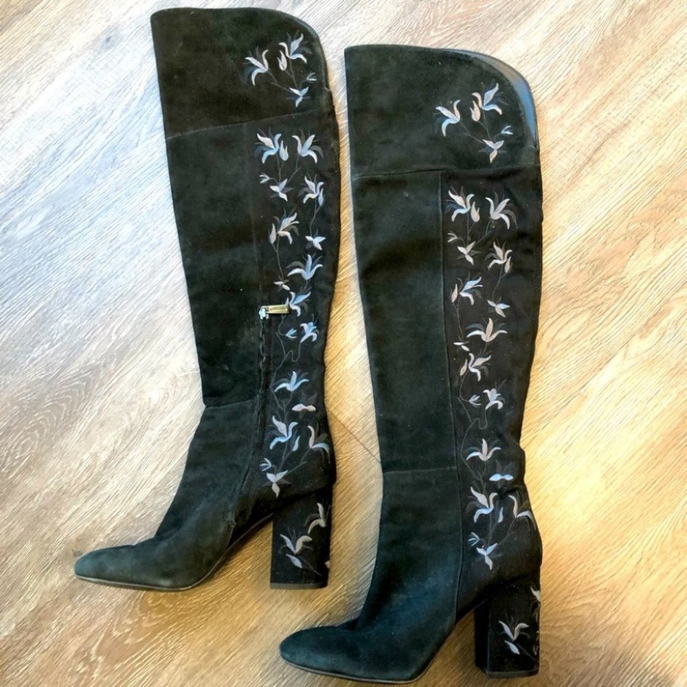 Kenneth Cole Reaction Black Over the Knee Boots with Floral Design